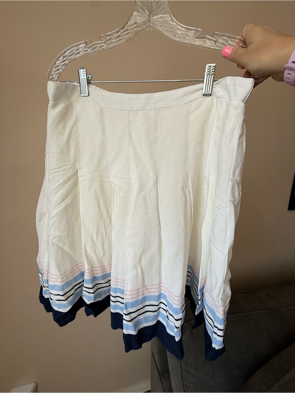 Old Navy White Skater Skirt with Navy and Pastel Stripe Hem